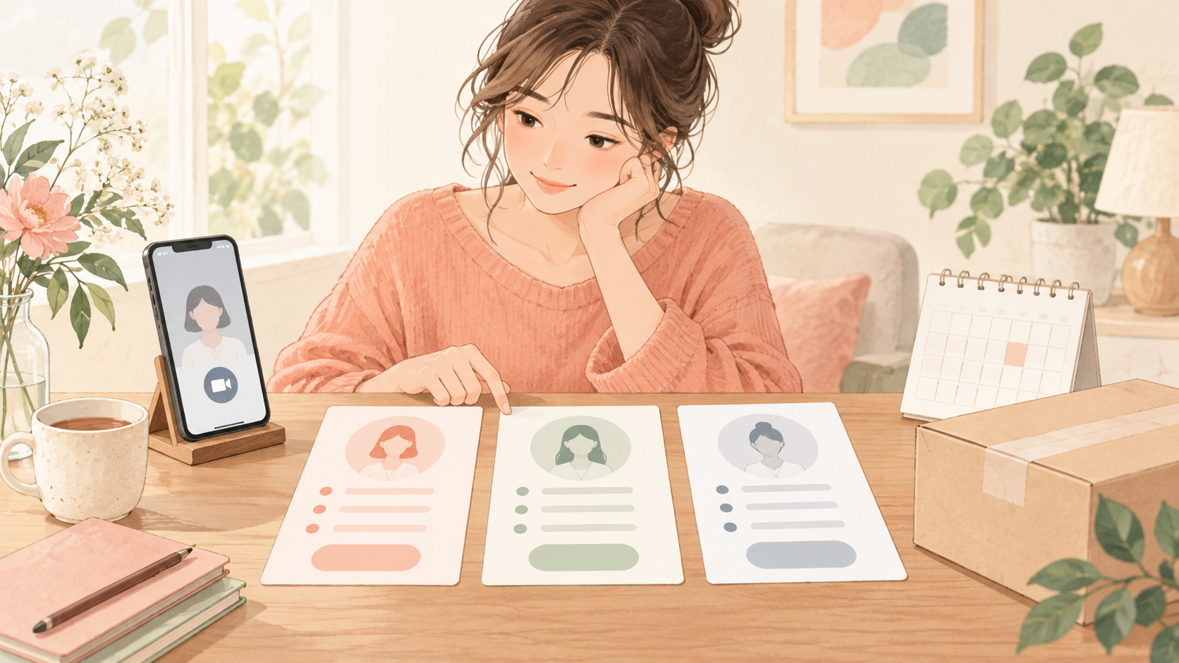 スマートフォンを見ながらオンライン診療と通院を比較して考える女性のイラスト